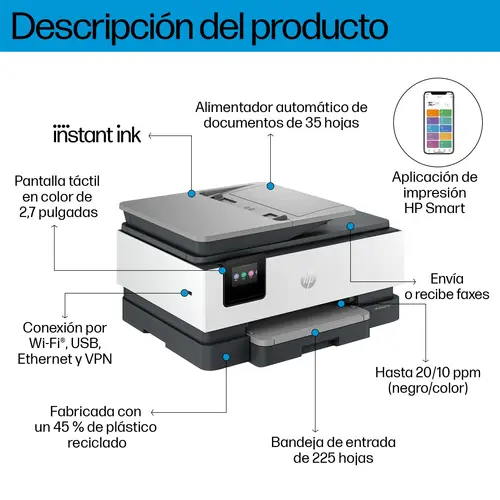 OfficeJet Pro 8132e Inalámbrico All-in-One Color Impresora, Servicio Instant Ink  Impresión a doble cara - Imagen 4