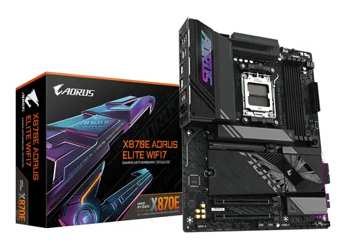 X870E AORUS ELITE WIFI7 Placa Base - Compatible con CPUs AMD Ryzen 9000, 16+2+2 fases VRM digitales, hasta 8000Hz DDR5 (OC), 3xPCIe 5.0 + 1xPCIe 4.0, Wi-Fi 7, LAN 2.5GbE, USB 4 - Imagen 1