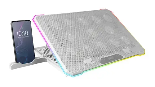 MNBC13, Base Refrigeradora y Stand para Portátiles Hasta 17, Iluminación ARGB 10 Modos, 13x Ventiladores con LED Blanco, Regulable 8 Posiciones, Pantalla LCD, Soporte Smartphone, Blanco - Imagen 2