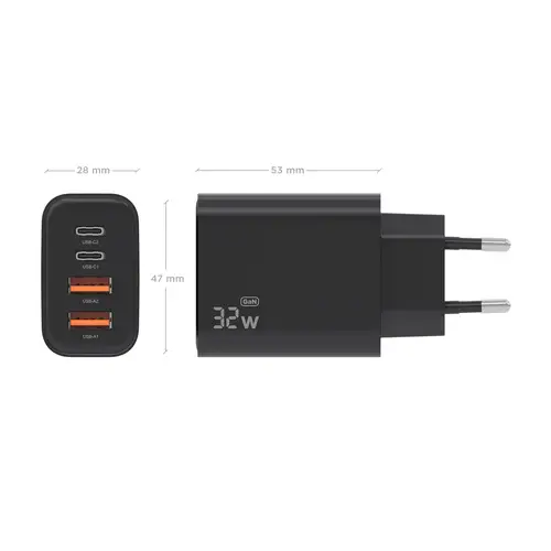 Cargador GaN 32W, 2xUSB-C PD3.0, 2xUSB-A, Negro - Imagen 4
