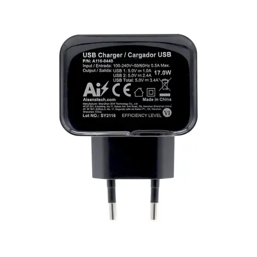 Cargador USB 17W 5V/3.4A, 2xUSB Con Control AI, Negro - Imagen 4
