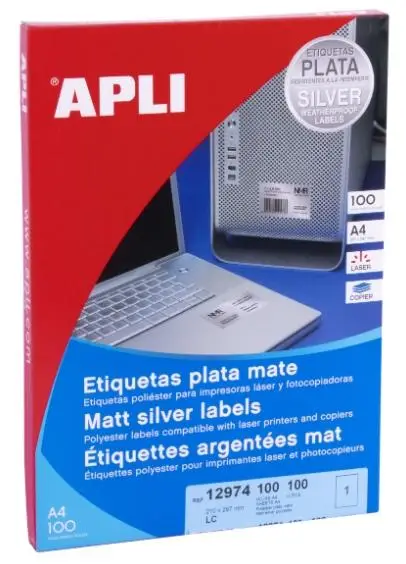 APLI ETIQUETAS METALIZADAS 210,0 X 297,0 MM CANTOS RECTOS PLATA - 100 HOJAS-