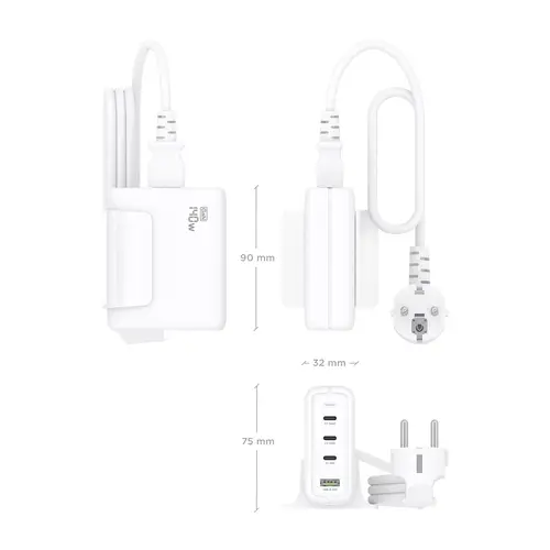 Cargador Sobremesa GaN 140W, 3x USB-C PD3.1 QC4.0 QC5.0, 1x USB-A QC3.0, Blanco - Imagen 4