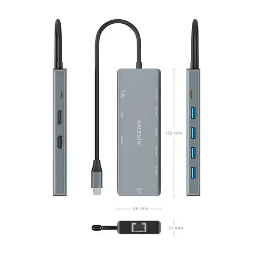 USB-C Dock 9 en 1, USB-C A 1xHDMI, 1xDisplayPort, 1xRJ45, 4xUSB-A 5G, 1xUSB-C 5G, 1xUSB-C PD100W, Gris, 20cm - Imagen 4