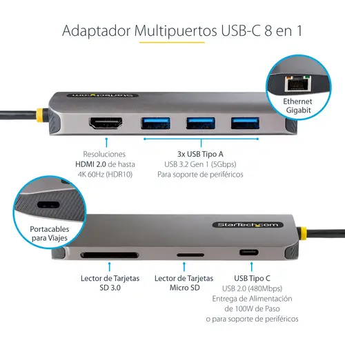 Adaptador Multipuertos USB C de Vídeo 4K a 60Hz, con Hub de 3 Puertos USB-A de 5Gbps, Entrega de Alimentación USB de 100W, Red Ethernet, SD/microSD, Cable de 30cm - Imagen 13
