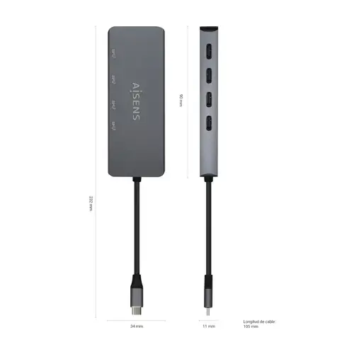 Hub USB3.2 Gen1 5G USB-C, USB-C/M-4xUSB-C/H, Gris, 15cm - Imagen 3
