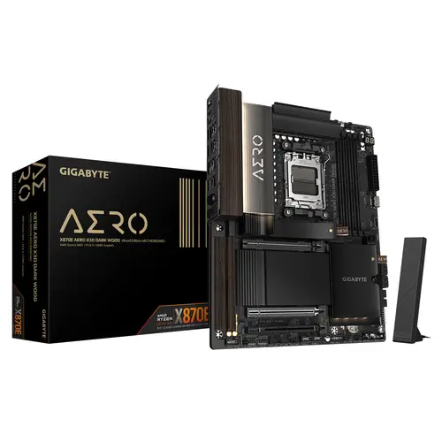 X870E AERO X3D DARK WOOD Placa Base  Compatible con CPUs AMD Ryzen 9000, VRM digital de 16+2+2 fases, hasta 9000 Hz DDR5 (OC), 2x PCIe 5.0 + 2x PCIe 4.0, Wi-Fi 7, LAN 5 GbE, USB 4 - Imagen 1