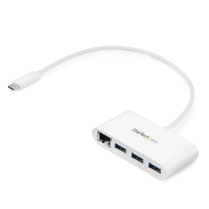 Concentrador USB 3.0 (5Gbps) de 3 Puertos con USB-C y Ethernet Gigabit - Hub Ladrón de USB Convencional - Blanco