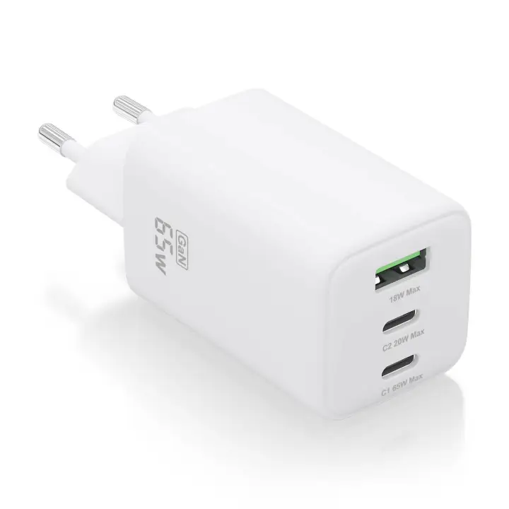 Cargador Gan 65W, 2xUSB-C PD3.0 QC4.0, 1xUSB-A QC3.0, Blanco