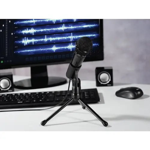 Micrófono con trípode, conexión jack 3,5mm, ideal para Podcast o conferencias, color negro. - Imagen 3