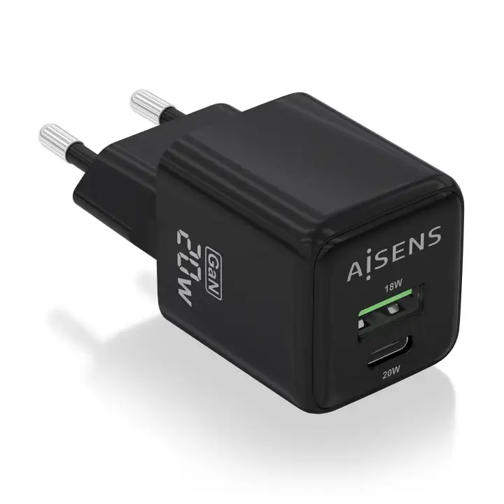 Cargador GaN 20W, 1xUSB-C PD3.0 QC4.0, 1xUSB-A QC3.0, Negro