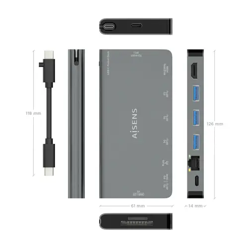 USB-C Dock 8 en 1, USB-C a 1xHDMI, 1xRJ45, 3xUSB-A, 1xUSB-C Datos+PD, 1xSD, 1xMicro SD, Gris, 10 cm - Imagen 4