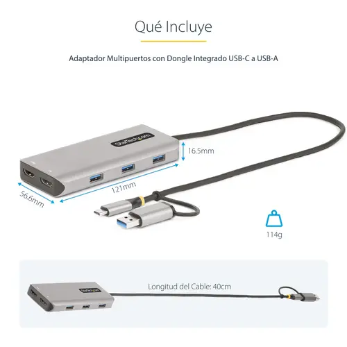 Adaptador Multipuertos USB-C - HDMI Doble (4K30Hz/1080p60Hz) - Hub Ladrón 3x USB-A - Mini Docking Station de Viajes - Docking Station USB Tipo C con Cable Integrado de 40cm - Imagen 12