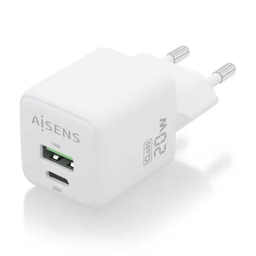 Cargador GaN 20W, 1xUSB-C PD3.0 QC4.0, 1xUSB-A QC3.0, Blanco - Imagen 2
