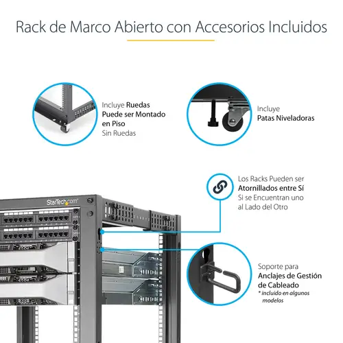 Rack 12U Móvil de Marco Abierto de 4 Columnas para Servidores - Rack de Cuatro Columnas de 19 Pulgadas para Equipo de Red e Informático - Ruedas o Patas Niveladoras - Imagen 11
