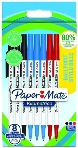 BLÍSTER 8 BOLÍGRAFOS PAPER MATE KILOMÉTRICO PUNTA MEDIANA (1,0MM) TINTA NEGRA, AZUL Y ROJA 80% RECICLADO PAPER MATE 2187680