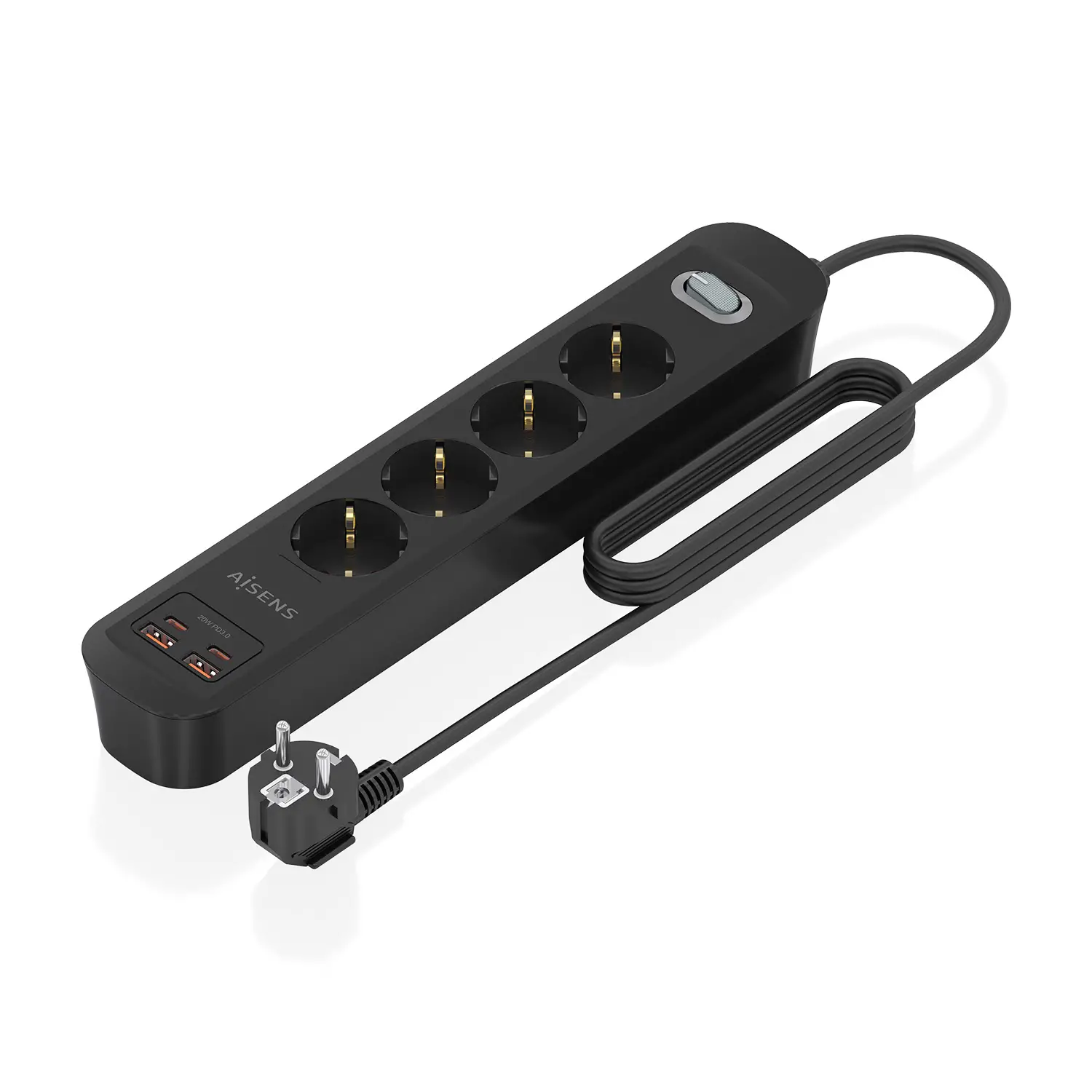 Regleta de Enchufes Multifuncion con 4 Tomas + Cargador PD3.0 20W 2xUSB-C, 2xUSB-A, 1.4m, Negro