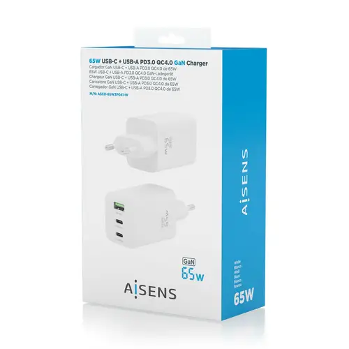 Cargador Gan 65W, 2xUSB-C PD3.0 QC4.0, 1xUSB-A QC3.0, Blanco - Imagen 6