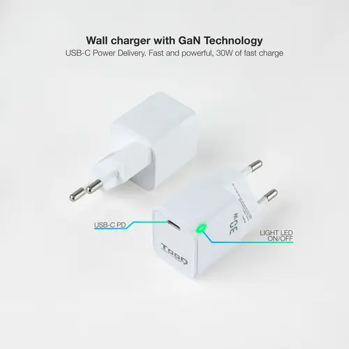 Cargador de Pared GAN USB-C/PD 30W, Blanco - Imagen 2