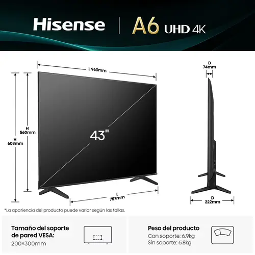 43A6Q Televisor 109,2 cm (43") 4K Ultra HD Smart TV Wifi Negro 300 cd / m² - Imagen 2