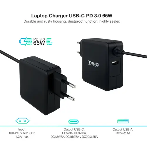 TQLC-USBC65PD adaptador e inversor de corriente Interior 65 W Negro - Imagen 2