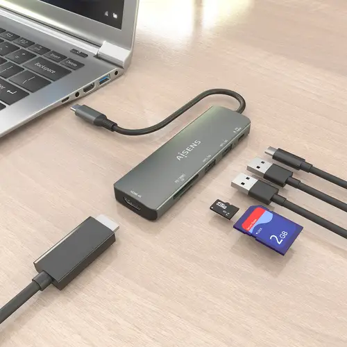 USB-C Dock 6 en 1, USB-C A, 1x HDMI, 2x USB-A, 1x USB-C PD 100W, 1x SD, 1x MicroSD, Gris, 15cm - Imagen 5