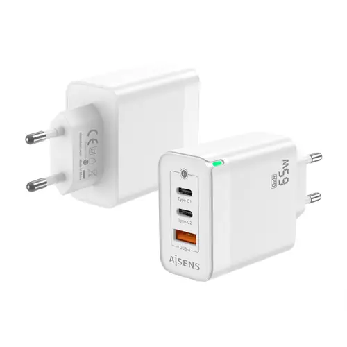 Cargador Gan 65W, 2xUSB-C PD3.0 QC4.0, 1xUSB-A QC3.0, Blanco - Imagen 1