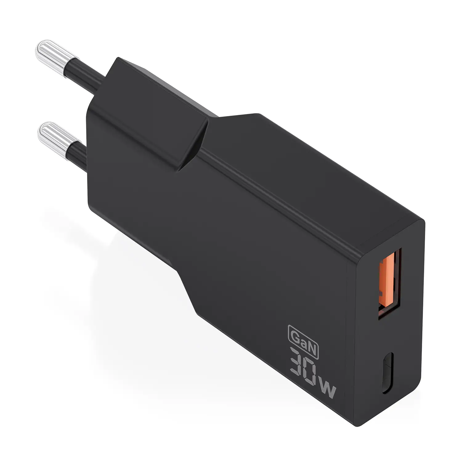 Cargador Ultra Delgado GaN 30W, 1xUSB-C PD3.0 QC4.0, 1xUSB-A QC3.0, Negro