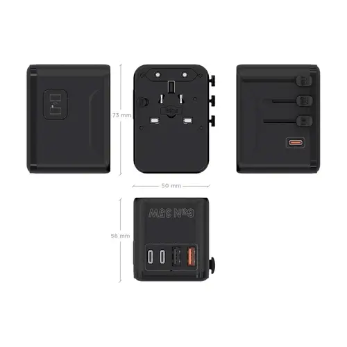 Adaptador Enchufe Universal Para Viaje EU/USA/UK/AU Con Cargador USB GaN, 2xUSB-A (A1 QC3.0), 3xUSB-C (C1 PD3.0) 35W, Negro - Imagen 5