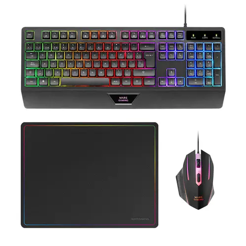 MCP124, Combo Gaming 3en1, Teclado Ergonómico H-Mech LED RGB, Ratón RGB 3200DPI Switches HUANO, Alfombrilla Nanotextil 360x260mm, Compatibilidad Multiplataforma, Layout Español, Negro - Imagen 1