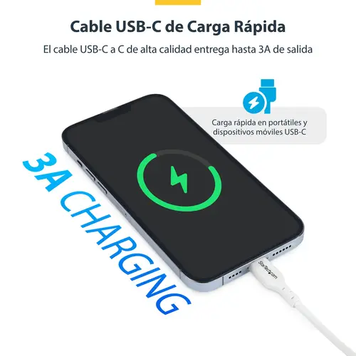 Cable de Carga USB-C Blanco de 1m - Cable UCB Tipo C de Carga para Ordenador Portátil - PD de 60W 3A - Cable de Transferencia de Datos USB 2.0 - Macho a Macho - Imagen 7