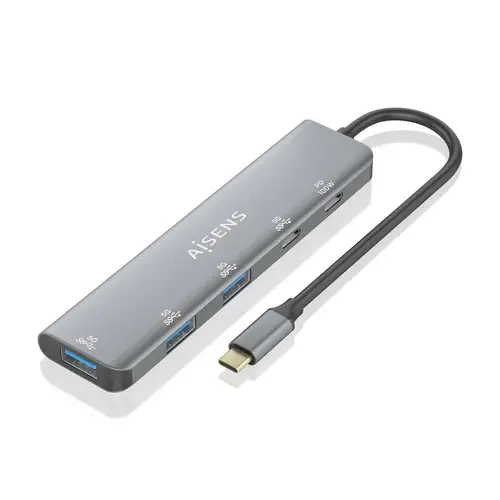 Hub USB 3.2 Gen1 5G USB-C, USB-C/M-1xUSB-C PD100W/H-1xUSB-C/H-3xUSB-A/H, Gris, 15cm - Imagen 2