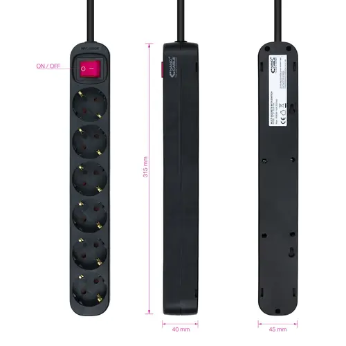 Regleta de enchufes de 6 tomas con interruptor, 1.4 metros Negra - Imagen 3