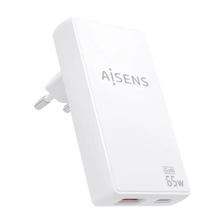 Cargador De Pared GaN Ultra Delgado 65W, 1xUSB-C PD3.0 QC4.0, 1xUSB-A QC3.0, Blanco