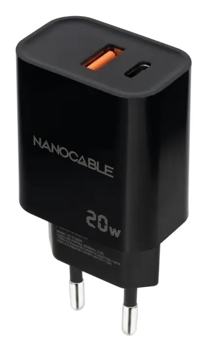 Cargador USB-C/PD + USB-A/QC 20W, Negro
