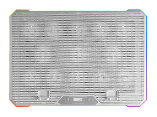 MNBC13, Base Refrigeradora y Stand para Portátiles Hasta 17, Iluminación ARGB 10 Modos, 13x Ventiladores con LED Blanco, Regulable 8 Posiciones, Pantalla LCD, Soporte Smartphone, Blanco - Imagen 1