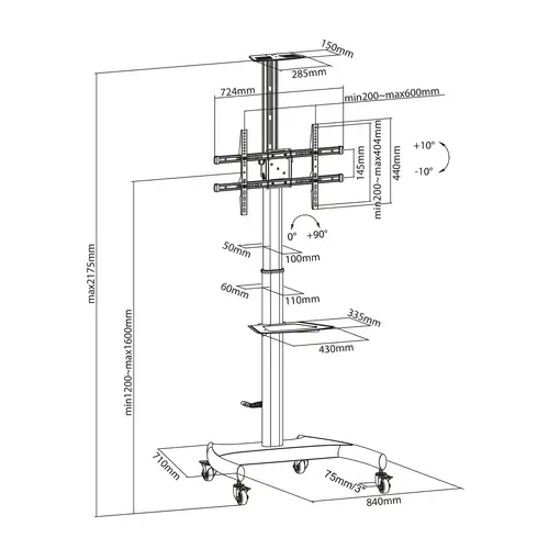 Soporte de Suelo ECO con Ruedas y Manivela, Bandeja para DVD y Soporte de Cámara para Monitor/TV 50Kg de 37-70, Negro - Imagen 4