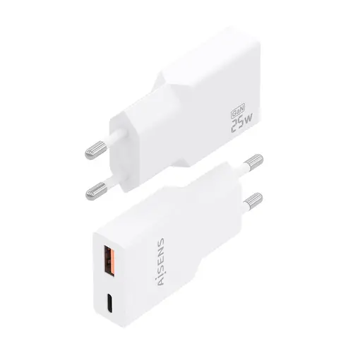 Cargador Ultra Delgado GaN 25W, 1xUSB-C PD3.0 QC4.0, 1xUSB-A QC3.0, Blanco - Imagen 3
