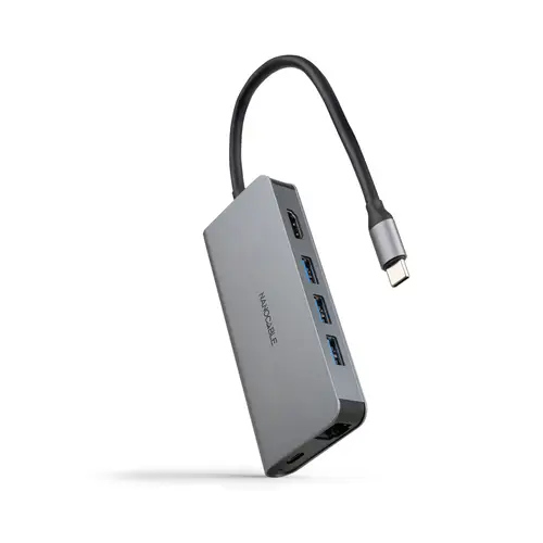 Hub USB-C 8 en 1, Conversor USB-C 3.1 a 3xUSB-A 3.0 + HDMI 4K@60Hz + USB-C PD + RJ45 1Gbps + TF + SD, Aluminio, Gris, 18 cm - Imagen 1
