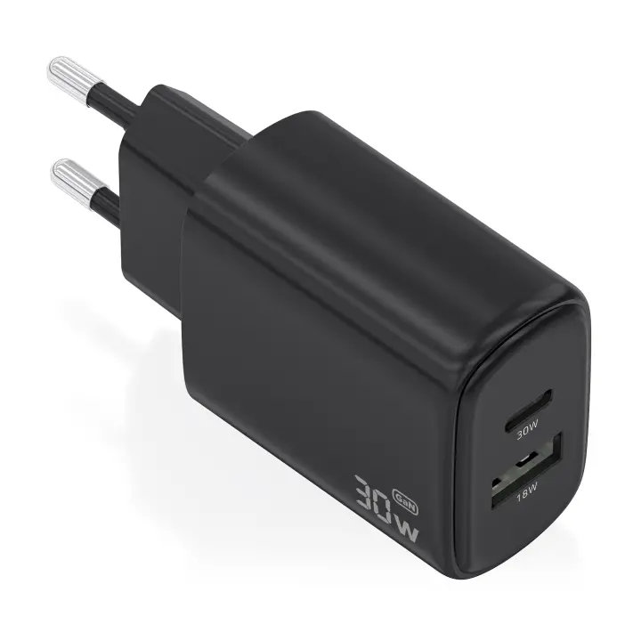 Cargador GaN 30W, 1xUSB-C PD3.0 QC4.0, 1xUSB-A QC3.0, Negro