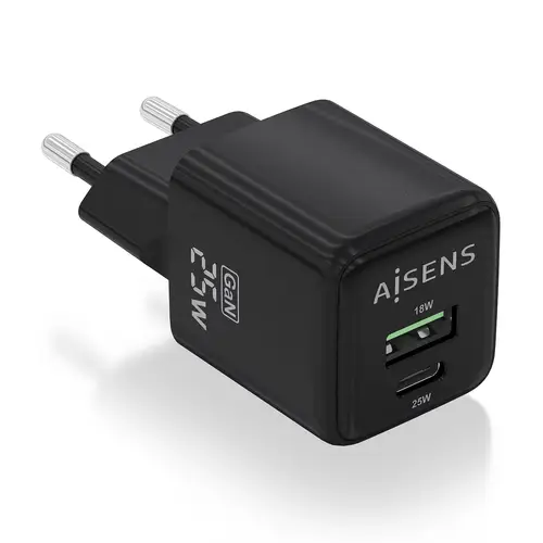 Cargador GaN 25W, 1xUSB-C PD3.0 QC4.0, 1xUSB-A QC3.0, Negro - Imagen 1