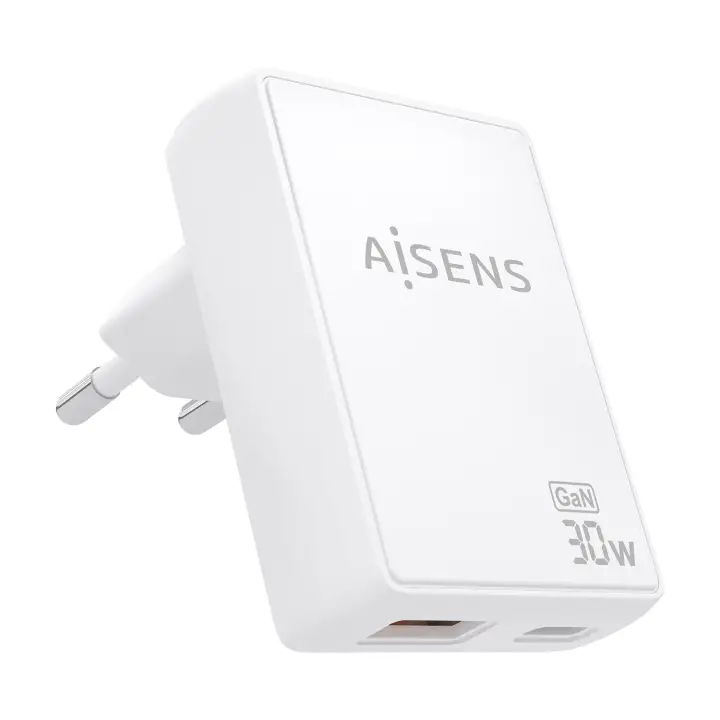 Cargador De Pared GaN Ultra Delgado 30W, 1xUSB-C PD3.0 QC4.0, 1xUSB-A QC3.0, Blanco