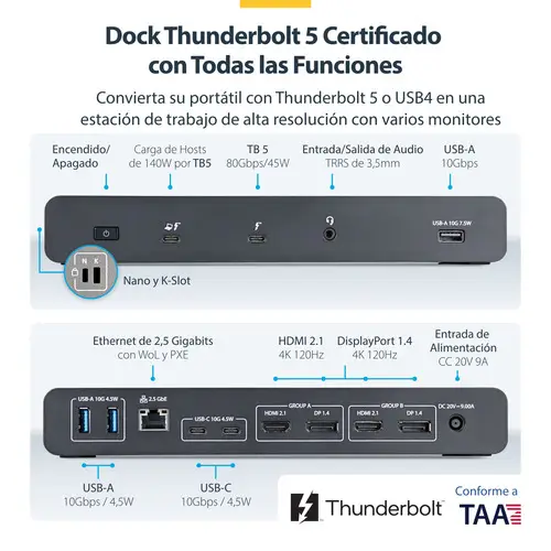206UE-TB5USB4DOCK base para portátil y replicador de puertos Alámbrico Thunderbolt 5 Negro, Gris - Imagen 7