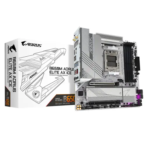 B650M AORUS ELITE AX ICE Placa base - AMD Ryzen serie 9000, VRM de 12+2+2 fases, hasta 8000 MHz DDR5 (OC), 1xPCIe 5.0 + 1xPCIe 4.0 M.2, LAN 2,5 GbE, WIFI 6E, USB 3.2 Gen 2x2 - Imagen 1