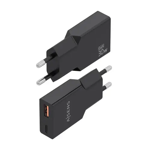 Cargador Ultra Delgado GaN 30W, 1xUSB-C PD3.0 QC4.0, 1xUSB-A QC3.0, Negro - Imagen 3