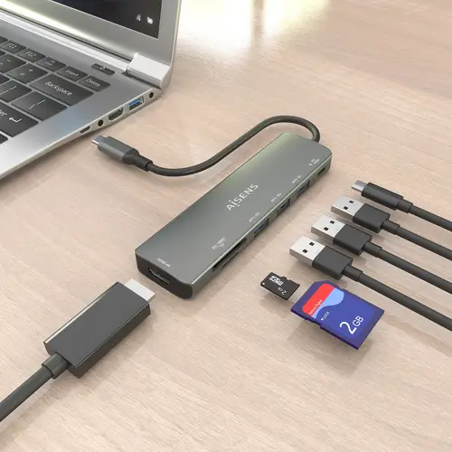 USB-C Dock 7 en 1, USB-C A, 1x HDMI, 3x USB-A, 1x USB-C PD 100W, 1x SD, 1x MicroSD, Gris, 15cm - Imagen 5