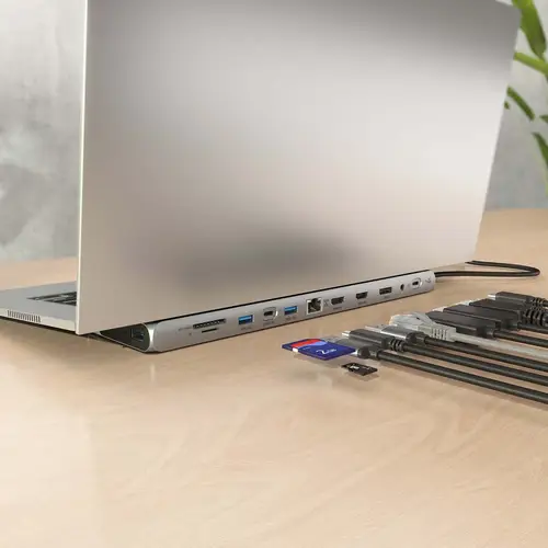 USB-C Dock 12 en 1, USB-C a 2xHDMI, 1xDisplayPort, 1xRJ45, 3xUSB-A, 1xUSB-C, 1xUSB-C PD, 1xSD, 1xMicro SD, 1xAudio, Gris, 30cm - Imagen 6