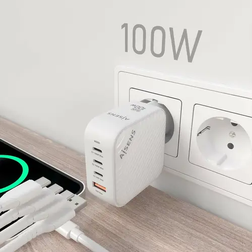 Cargador GaN 100W, 3xUSB-C PD3.0 QC4.0, 1xUSB-A QC3.0, Blanco - Imagen 5