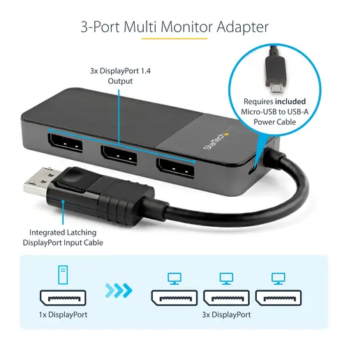 Hub MST de 3 Puertos DisplayPort 1.4 - Divisor Splitter DP para 3 Monitores - Adaptador DisplayPort a 3x DisplayPort de 4K - Alimentado por USB - Windows Solamente - Imagen 9
