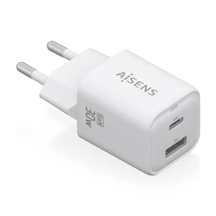 Cargador Gan 30W, 1xUSB-C PD3.0 QC4.0, 1xUSB-A QC3.0, Blanco